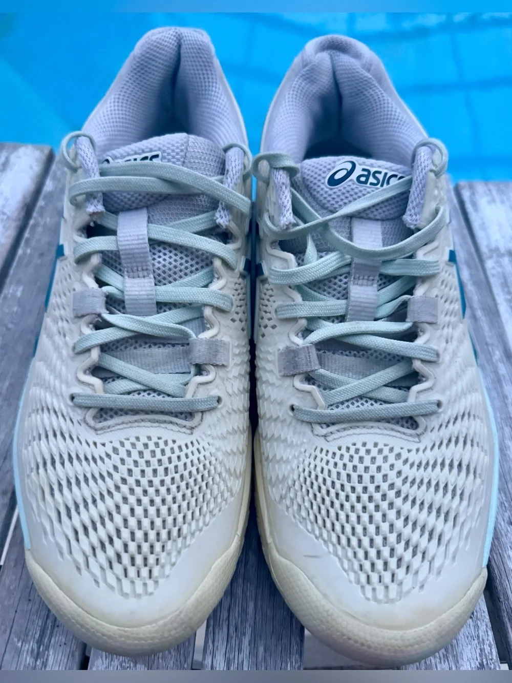 ASICS Gel-Resolution 9 White/Teal/Blue Tennis Shoes Womens 9